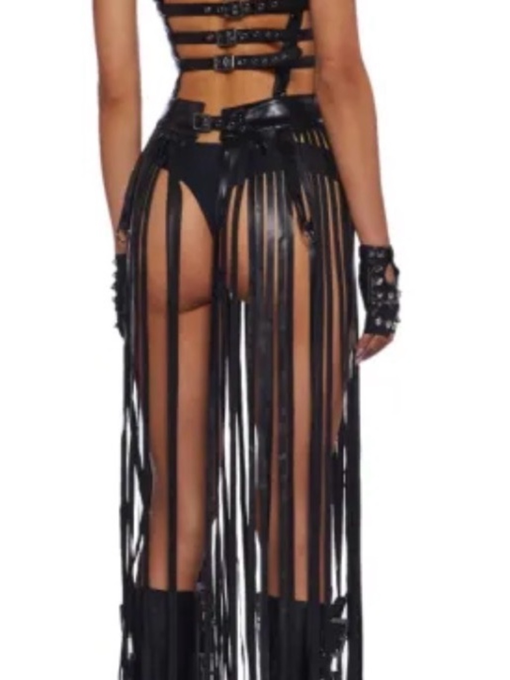 Black Faux Leather Fringe Maxi Dress with Harness Straps - Picture 13 of 13